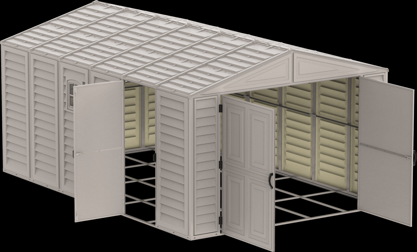 Duramax Vinyl Garage 10.5x18 w/ Foundation 2 Windows 15126 open doors with view of foundation kit