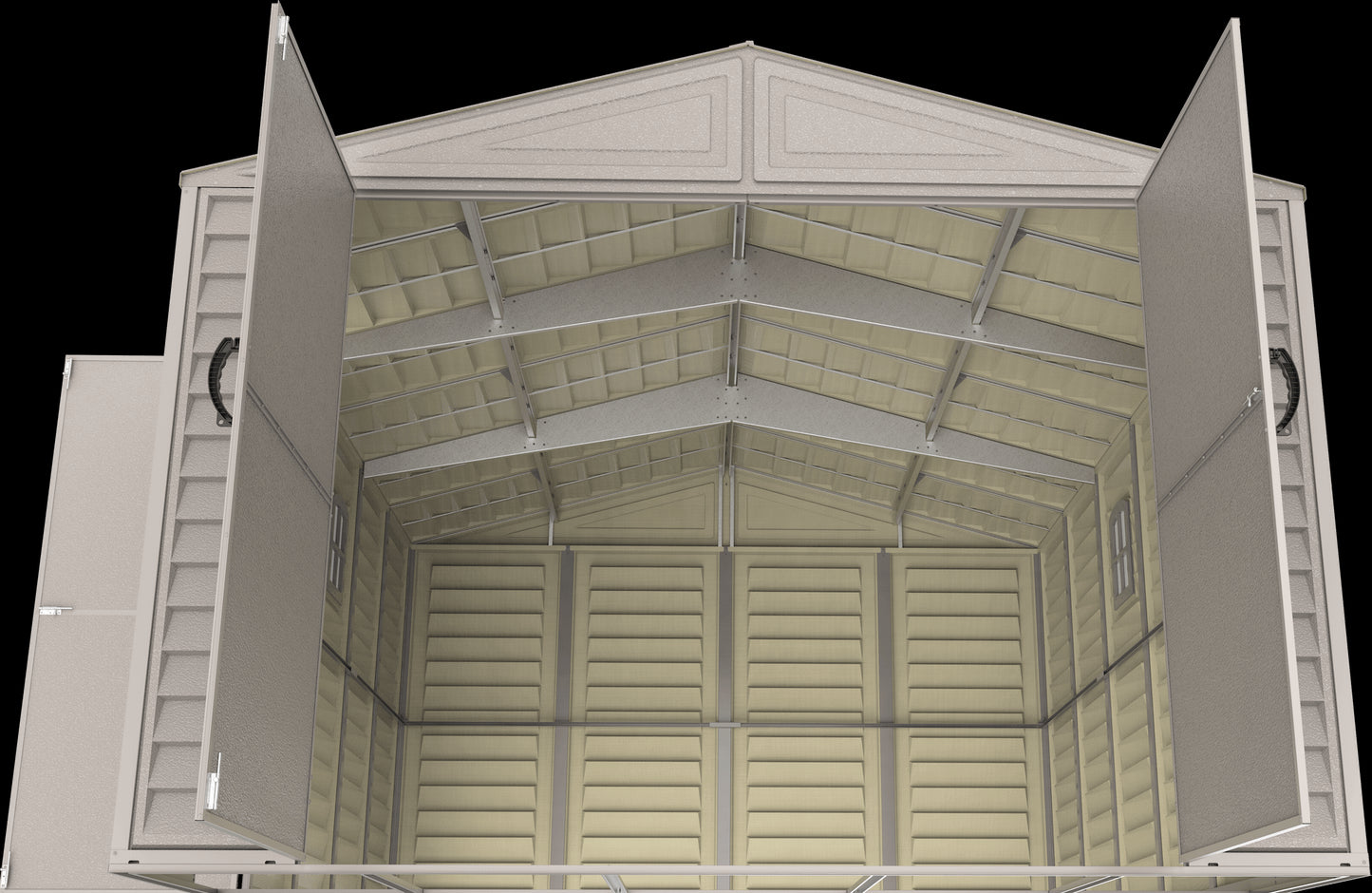 Duramax Vinyl Garage 10.5x18 w/ Foundation 2 Windows 15126 doors open upward view of interior