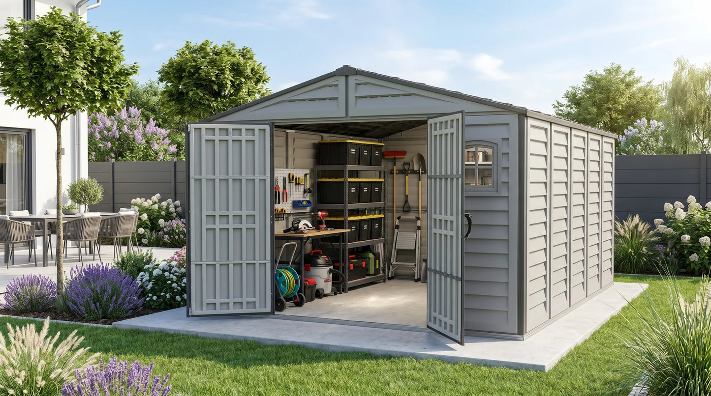 Duramax RidgeLine 10.5x13 vinyl storage shed 10134 with organized outdoor equipment inside