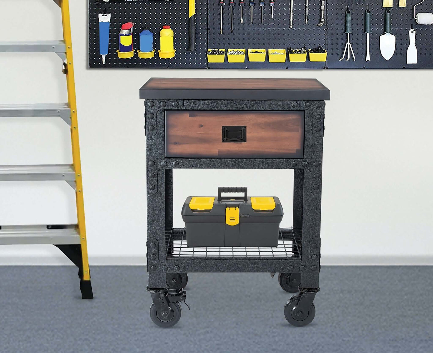 Duramax 27.6" W x 20" D x 37" H Single Drawer Industrial Workbench 68003 in garage used as shop bench