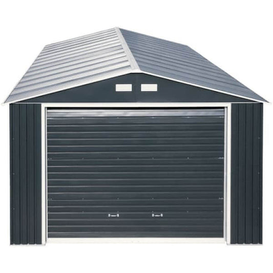 Duramax 12x26 Imperial Metal Garage Dark Gray w/ White Trim 55151 front angle elevated door down
