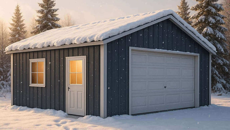 A metal storage building glowing with warm light on a snowy winter evening.