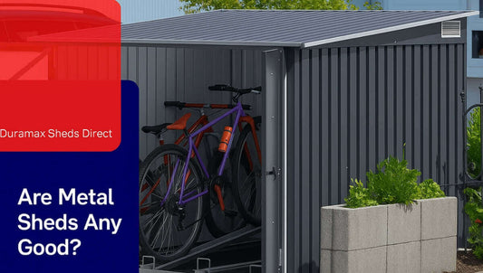 Are metal sheds good? Duramax shed with bikes inside showing durability and storage benefits.