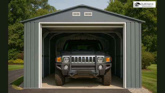 High-resolution photo of a Hummer parked inside a metal garage, illustrating vehicle fit and dimensions for the topic what is the standard garage size.