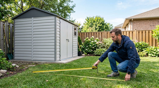 A homeowner measuring a backyard to choose the right size shed.
