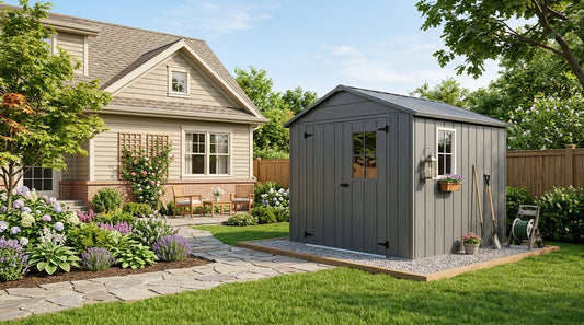 An attractive shed complementing a home in a tidy backyard, adding to property appeal.