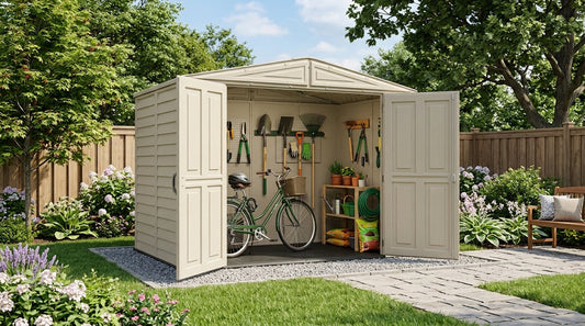 A beige DuraMate vinyl shed with double doors open in a backyard.