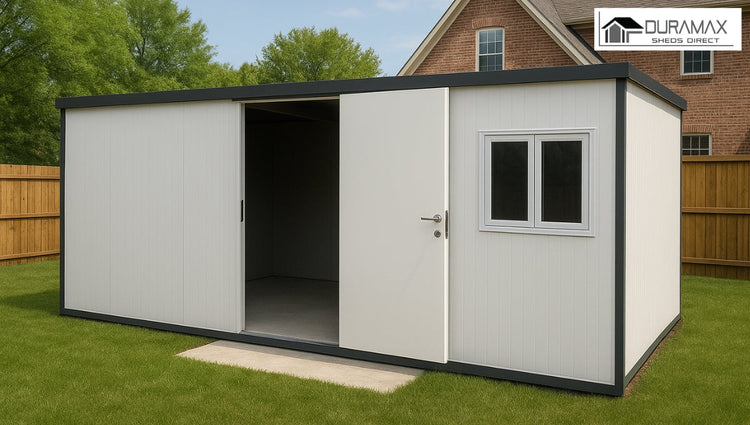 Flat Roof Insulated Building Guide showing a Duramax 22' x 10' Flat Roof Insulated Building with a modern prefab storage unit from Duramax Sheds Direct.