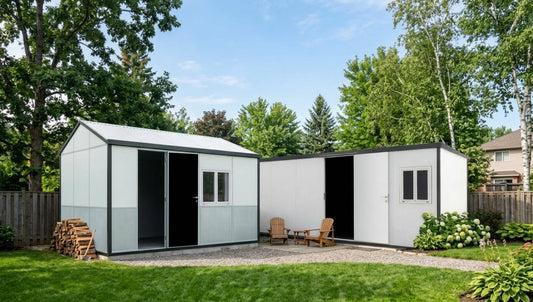 A flat-roof and a gable-roof insulated steel building compared side by side.
