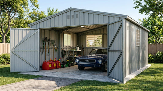 A metal garage shed with wide double doors used for extra backyard storage.