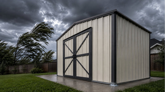 A metal shed anchored to a concrete pad standing firm under a stormy sky.