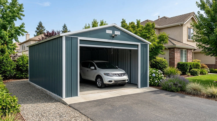 A dark gray Imperial metal garage with an open roll-up door showing a car parked inside.