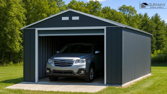 Duramax 12x26 imperial metal garage dark gray w white trim featured in an imperial metal garage guide.