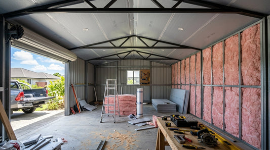 A metal garage interior being insulated with batts and foam panels.