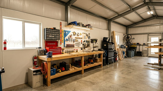 The finished interior of an insulated steel building used as a year-round workshop.