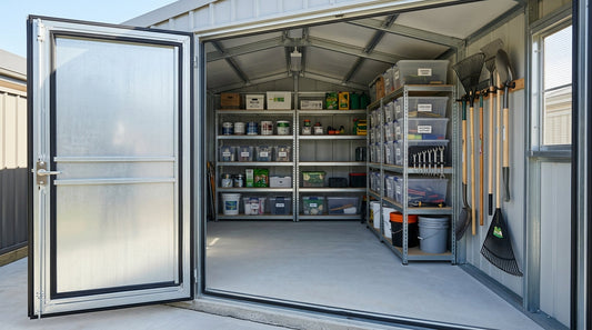 A tidy metal shed with items stored on shelves off the floor to keep pests out.