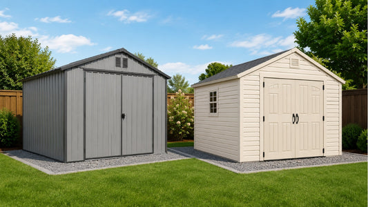 A galvanized metal shed and a vinyl resin shed side by side in a backyard.