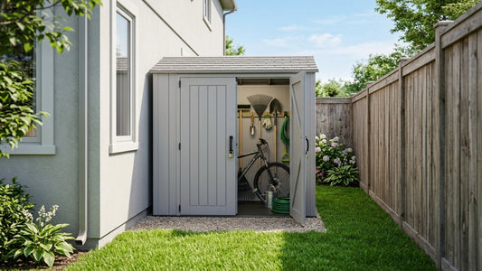 A slim lean-to vinyl shed fitted in the narrow side yard between a house and a fence.