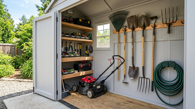 An organized shed with yard tools hung on wall hooks and shelves.