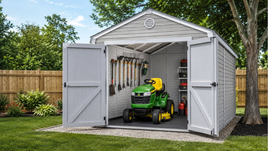 A riding lawn mower parked inside a vinyl storage shed with wide double doors open.