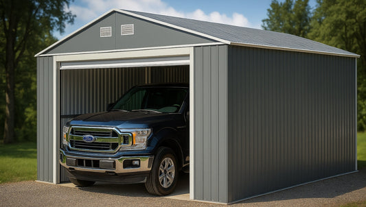 A Duramax 12'x26' Imperial Metal Garage Light Gray w/Off White imperial garage displaying the standard 2 car garage size with a Ford F-Series truck parked inside.