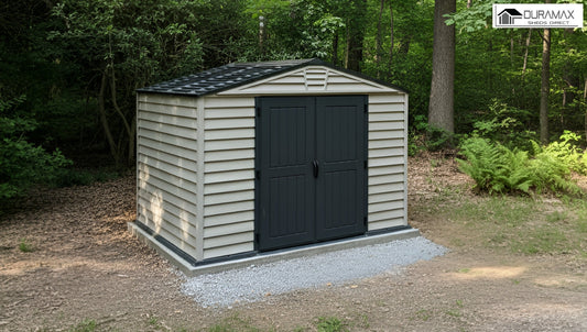 Storemax plus sheds guide featuring Duramax 10.5' x 8' Storemax Plus Vinyl Shed Kit with Floor 30225 on a gravel foundation in a backyard