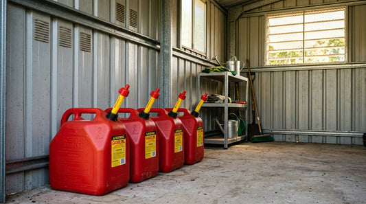 Approved red gasoline containers stored on the floor of a ventilated shed.