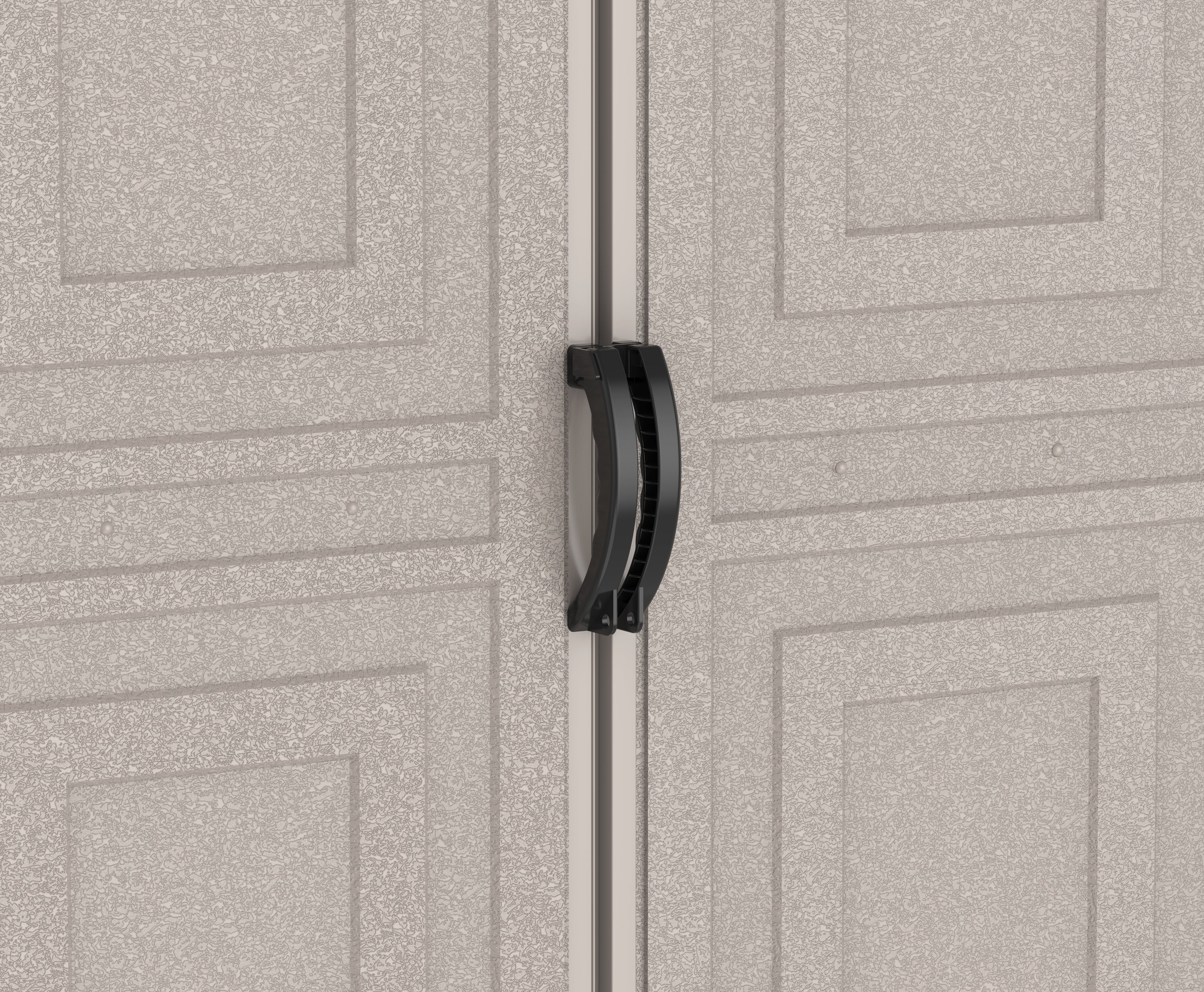 Duramax Vinyl Garage 10.5x28.5 w/ Foundation 2 Windows 15526 close up of outside door handles