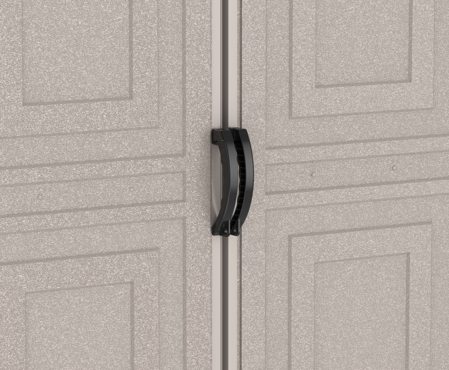 Duramax Vinyl Garage 10.5x28.5 w/ Foundation 2 Windows 15526 close up of outside door handles