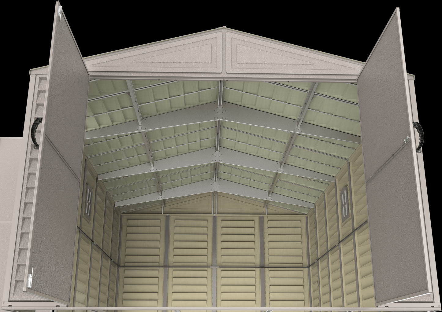 Duramax Vinyl Garage 10.5x31 w/ Foundation 2 Windows 15626 interior upward view of ceiling