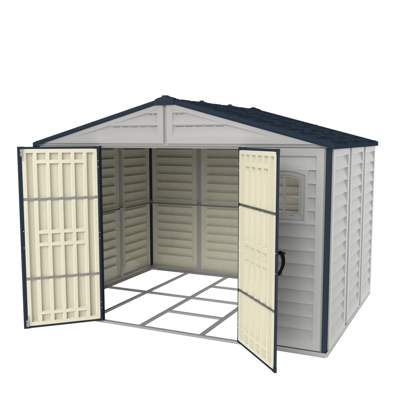 Duramax RidgeLine 10.5x8 vinyl storage shed 10114 with double doors open