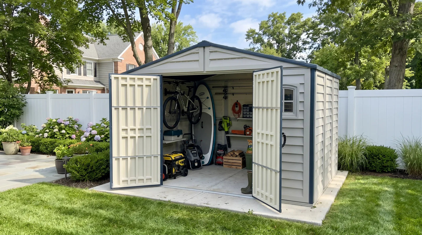 Duramax RidgeLine 10.5x8 vinyl storage shed 10114 with outdoor gear storage