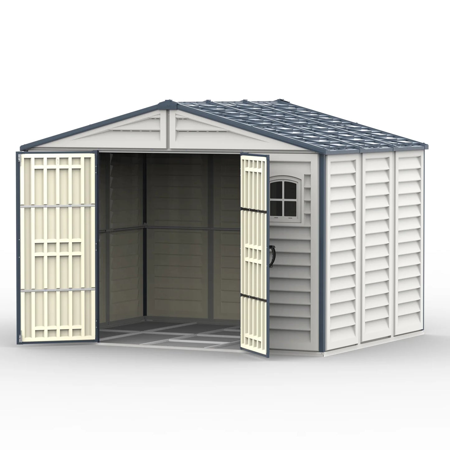 Duramax RidgeLine 10.5x8 vinyl storage shed 10114 open angle view