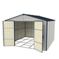 Duramax RidgeLine 10.5x10.5 vinyl storage shed 10124 with double doors open