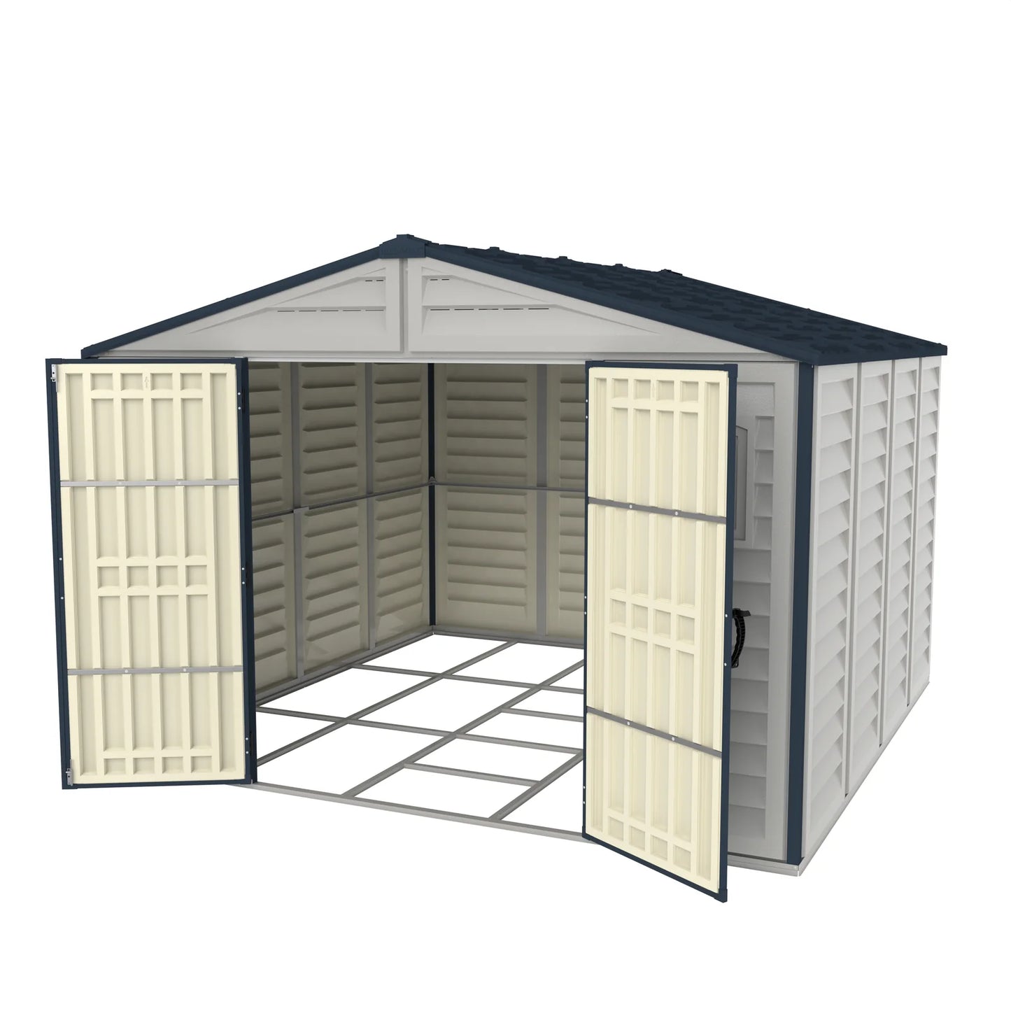 Duramax RidgeLine 10.5x10.5 vinyl storage shed 10124 with double doors open