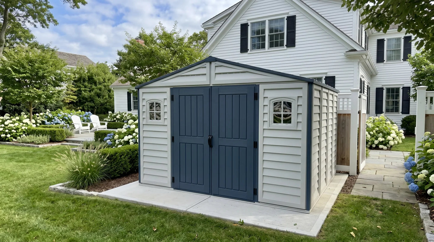 Duramax RidgeLine 10.5x10.5 vinyl storage shed 10124 in a landscaped backyard
