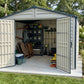 Duramax RidgeLine 10.5x10.5 vinyl storage shed 10124 with outdoor gear stored inside