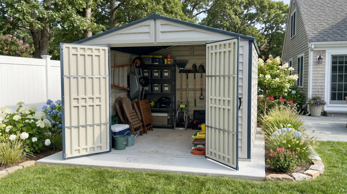 Duramax RidgeLine 10.5x10.5 vinyl storage shed 10124 with outdoor gear stored inside