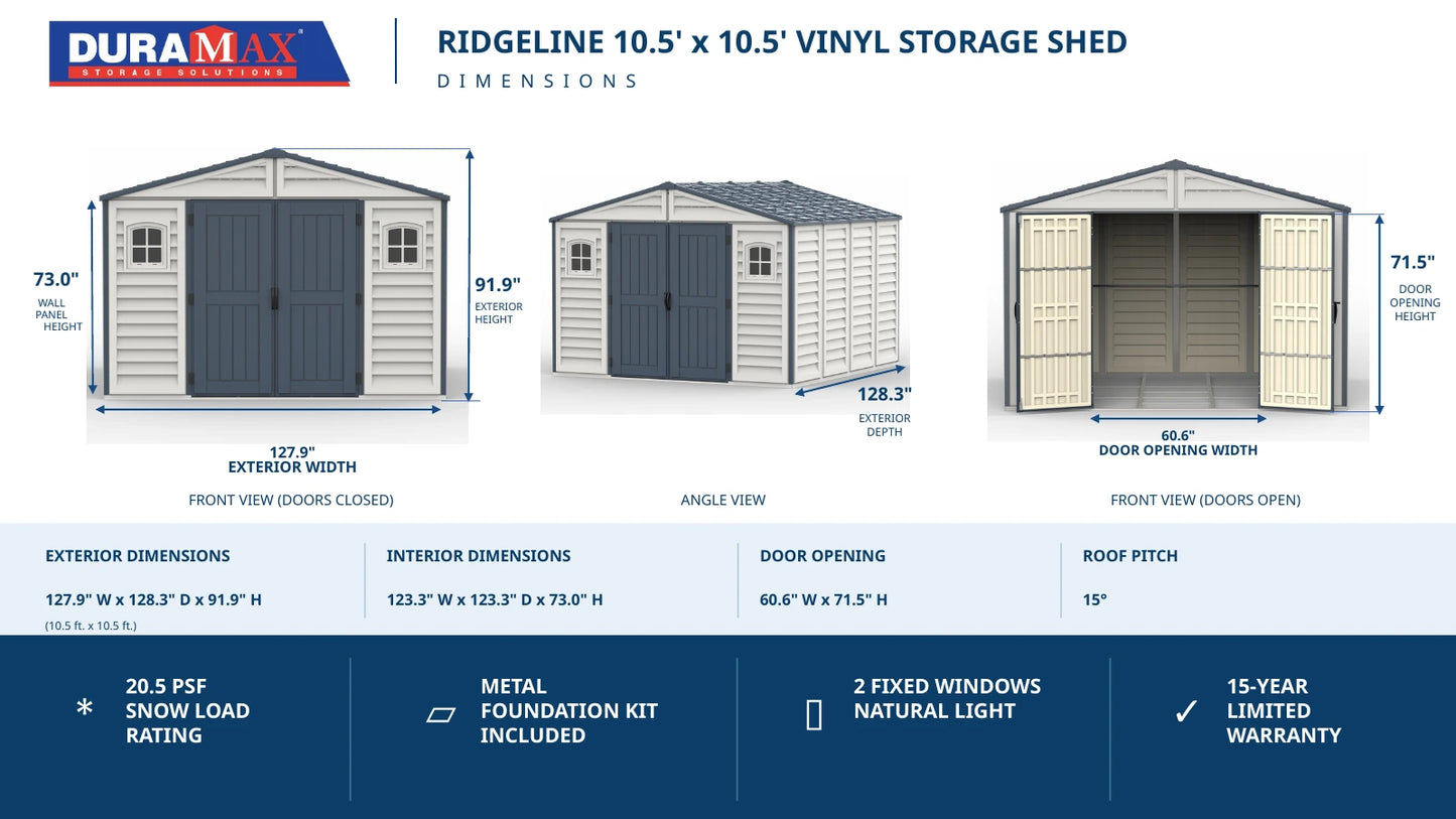 Duramax RidgeLine 10.5x10.5 vinyl storage shed 10124 dimensions diagram