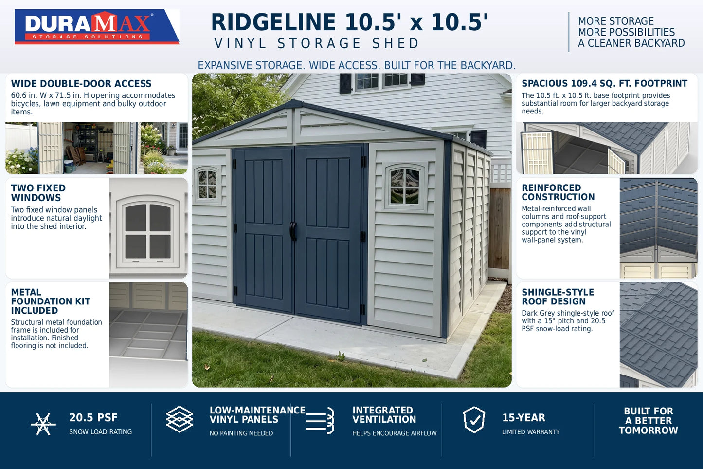 Duramax RidgeLine 10.5x10.5 vinyl storage shed 10124 features overview