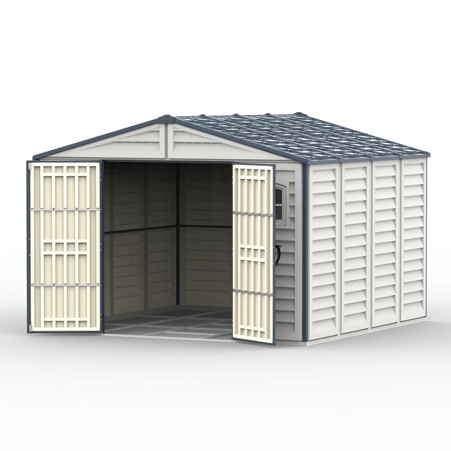Duramax RidgeLine 10.5x10.5 vinyl storage shed 10124 open angle view