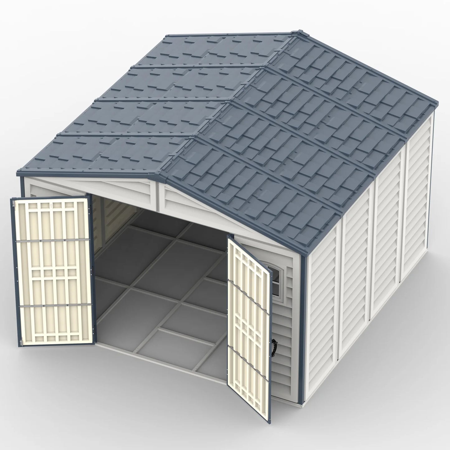 Duramax RidgeLine 10.5x10.5 vinyl storage shed 10124 elevated view with doors open