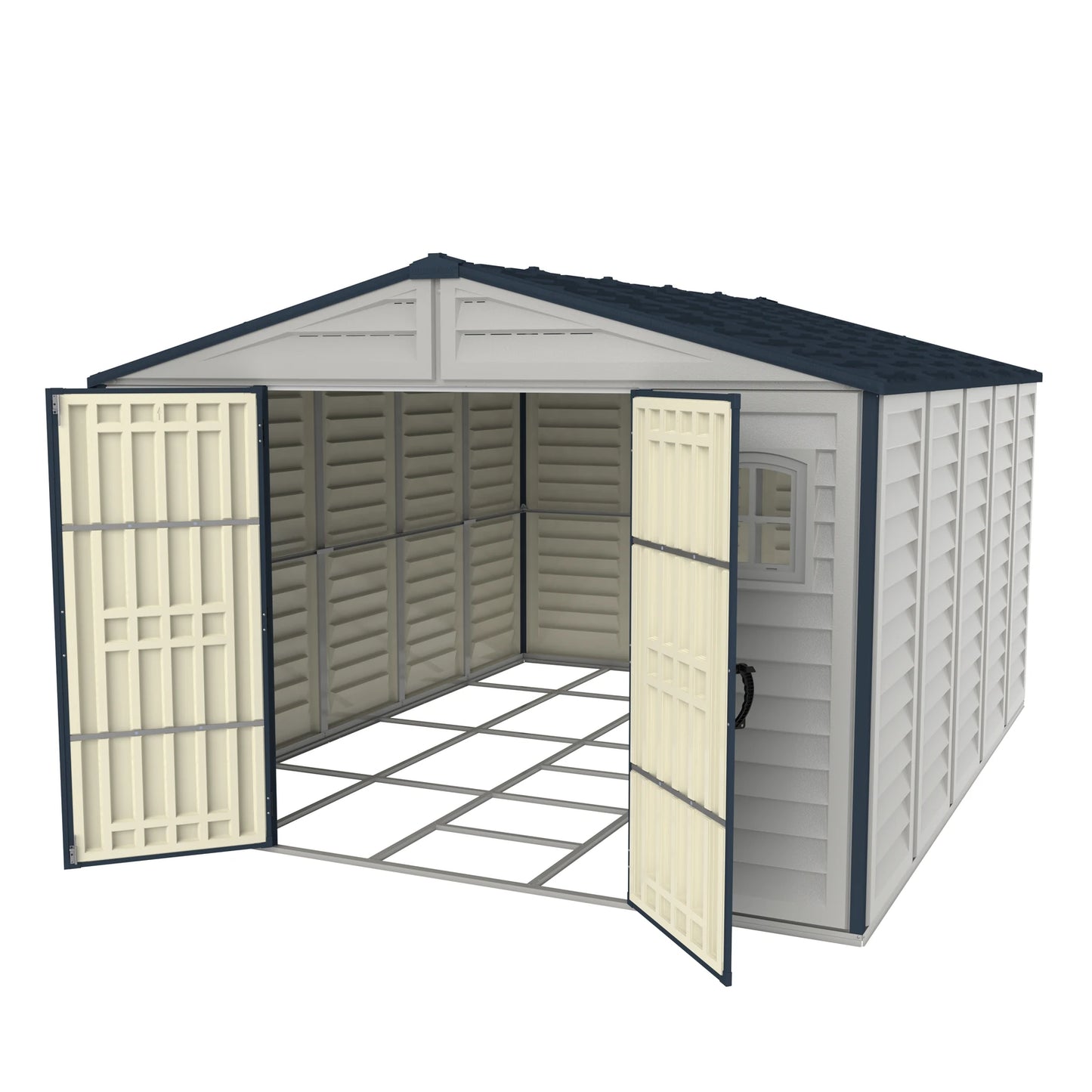 Duramax RidgeLine 10.5x13 vinyl storage shed 10134 with double doors open