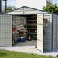 Duramax RidgeLine 10.5x13 vinyl storage shed 10134 in a landscaped backyard