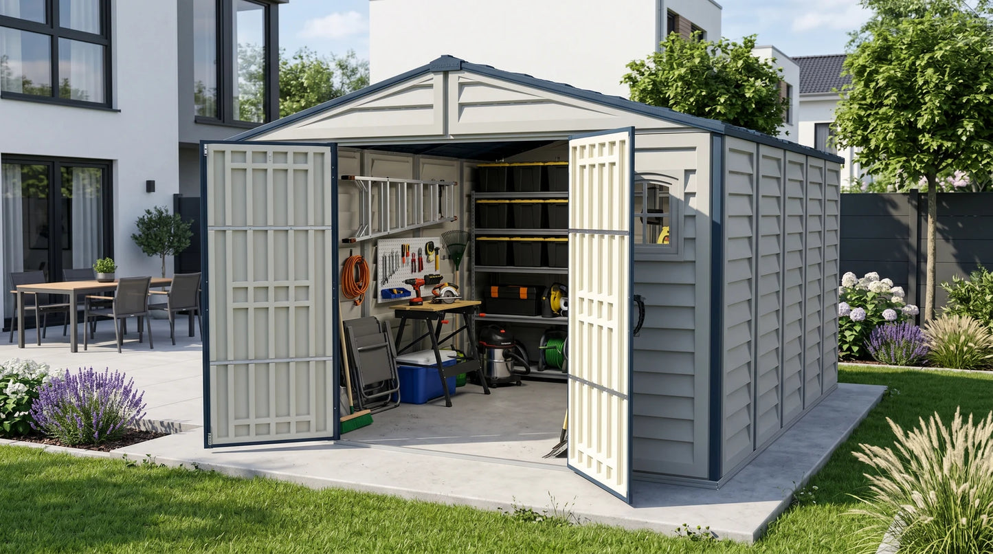 Duramax RidgeLine 10.5x13 vinyl storage shed 10134 in a landscaped backyard