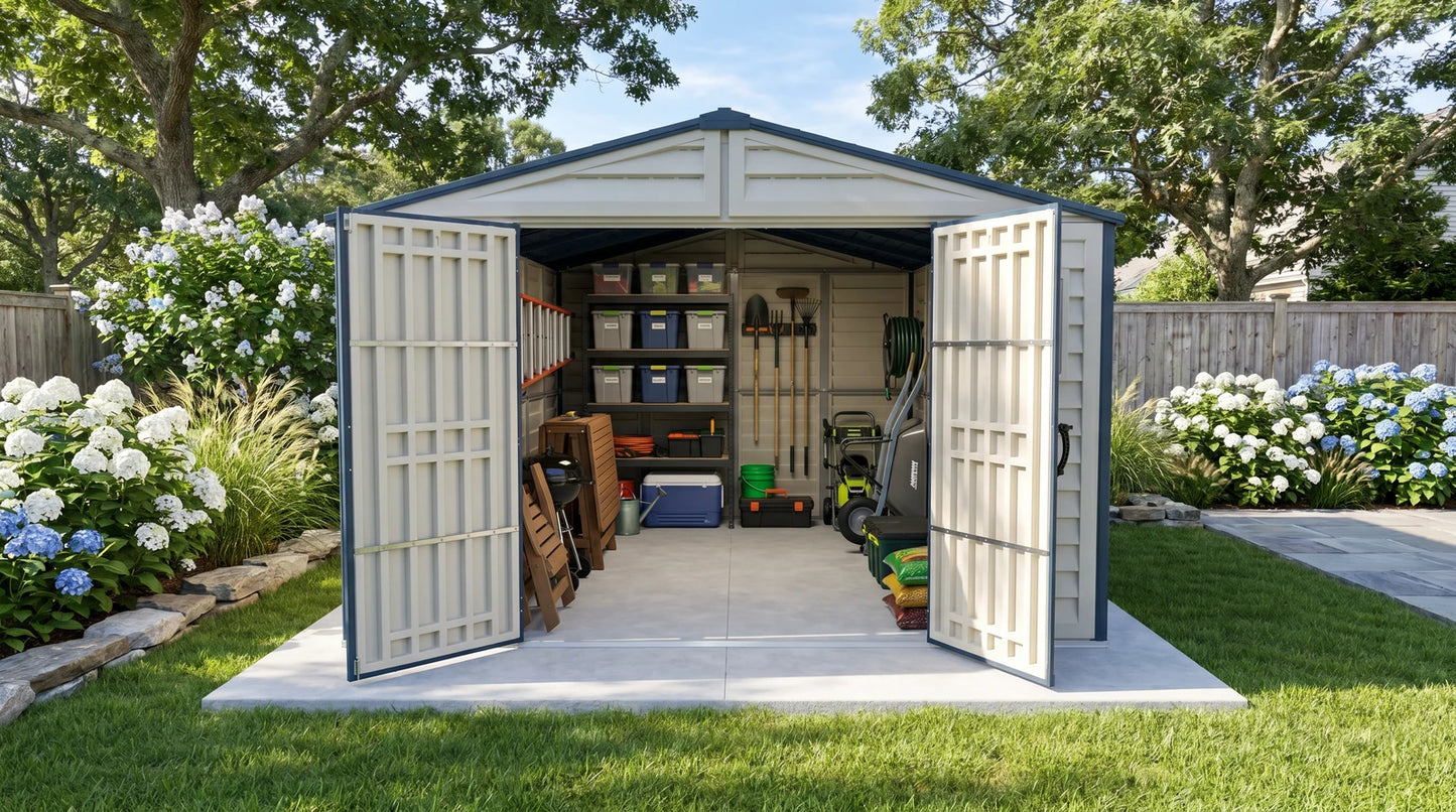Duramax RidgeLine 10.5x13 vinyl storage shed 10134 with outdoor gear stored inside