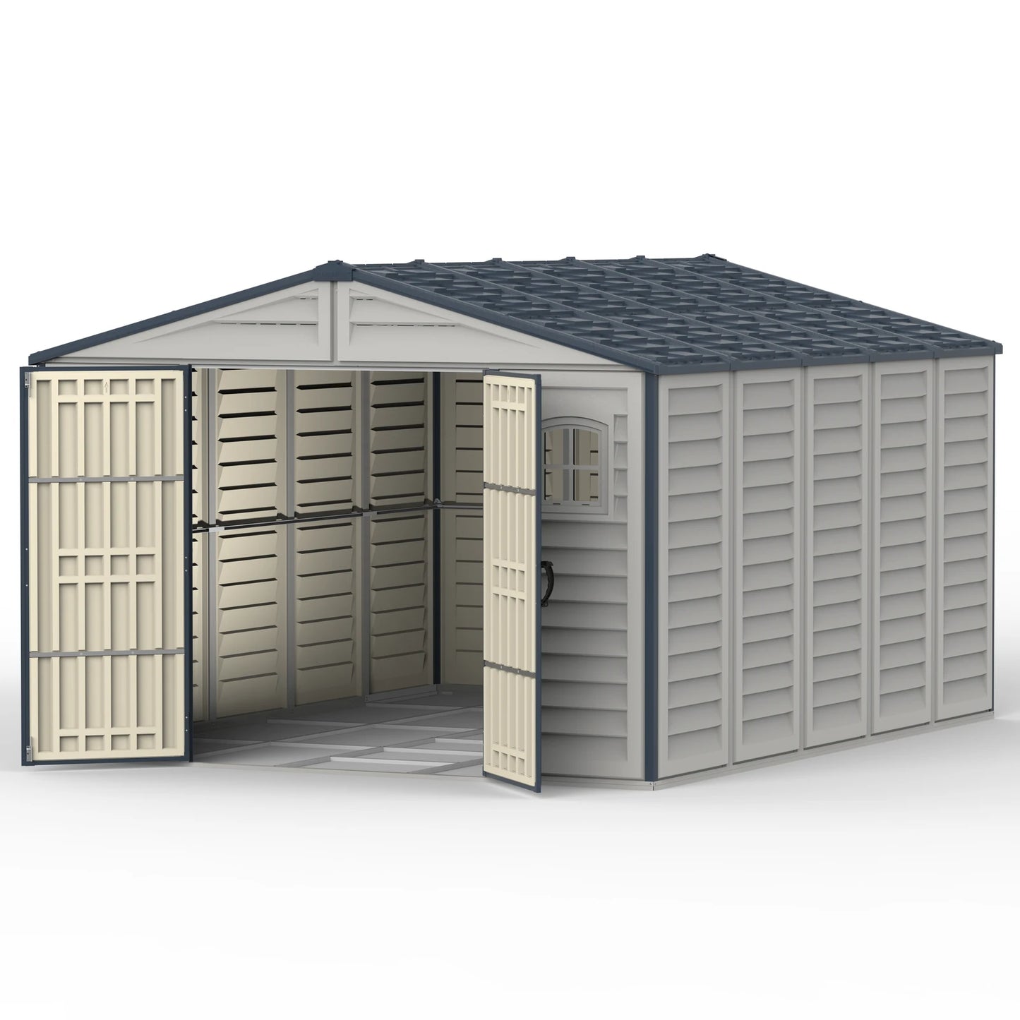 Duramax RidgeLine 10.5x13 vinyl storage shed 10134 open angle view