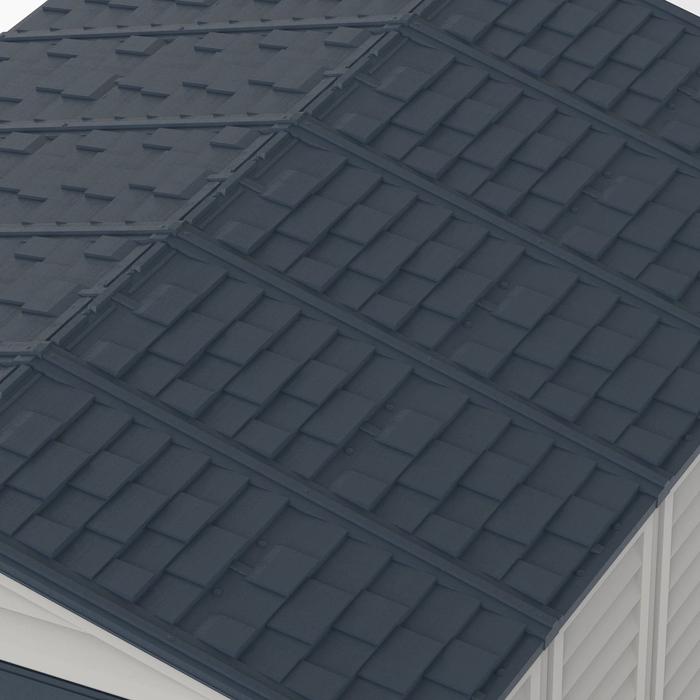 Duramax RidgeLine 10.5x13 vinyl storage shed 10134 Dark Grey shingle-style roof detail