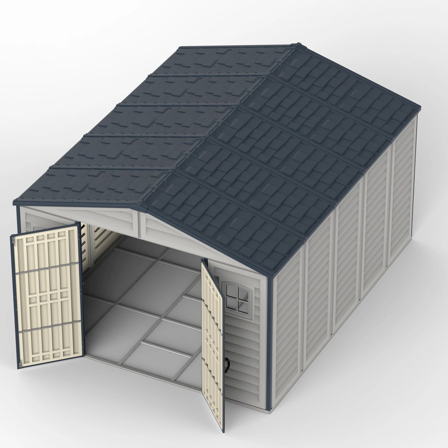 Duramax RidgeLine 10.5x13 vinyl storage shed 10134 elevated view with doors open