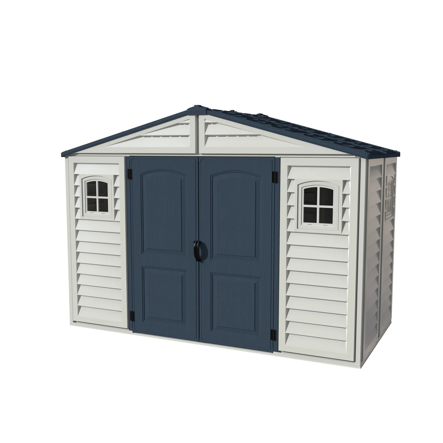 Duramax RidgeLine 10.5x5 vinyl storage shed 10105 in Adobe and Dark Grey with double doors closed